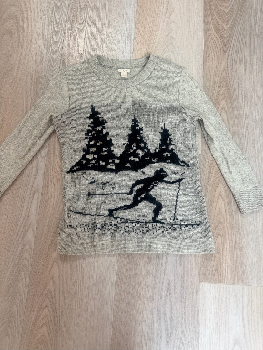 J. Crew Grey Crewneck cashmere Sweater with Black Ski Graphic